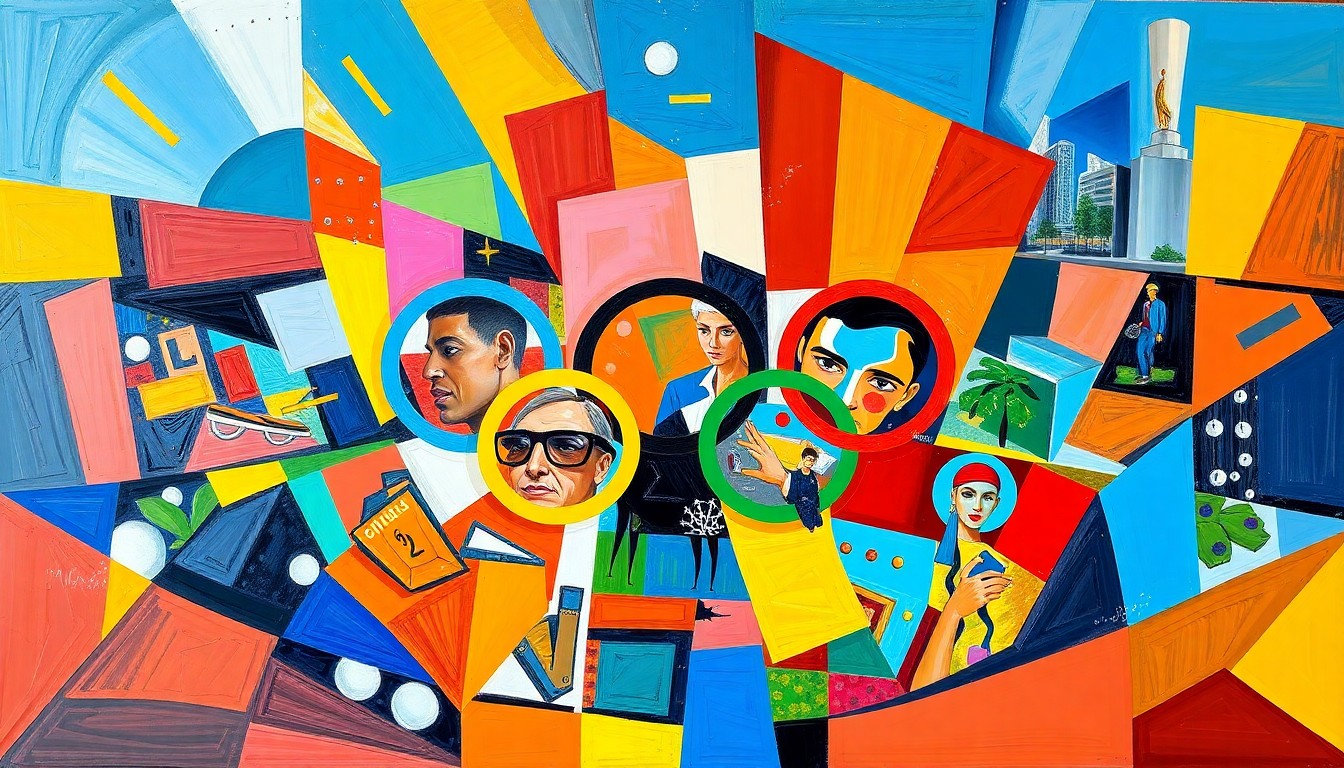 A fragmented, geometric painting in bold colors that captures the energy and excitement surrounding the LA28 Olympics ticket sales, with overlapping planes and shapes representing the high demand and global interest in the event.