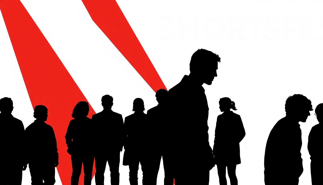 A striking abstract composition of jagged black silhouettes and bold splashes of red and white, conveying the creative energy and diversity of short films featured at the Aspen Shortsfest festival.