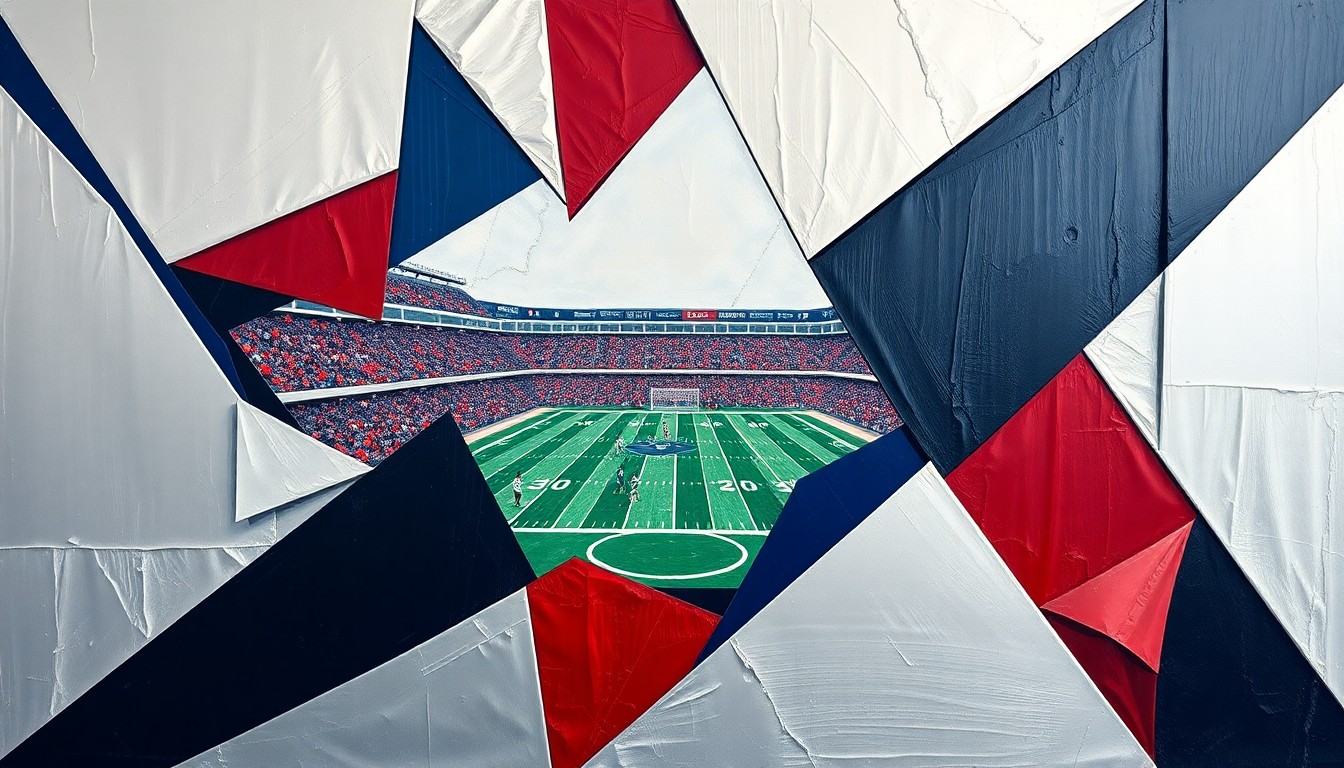 A cubist, geometric painting depicting a fragmented football game, with sharp planes of silver, navy, and crimson representing the dynamic action on the field.