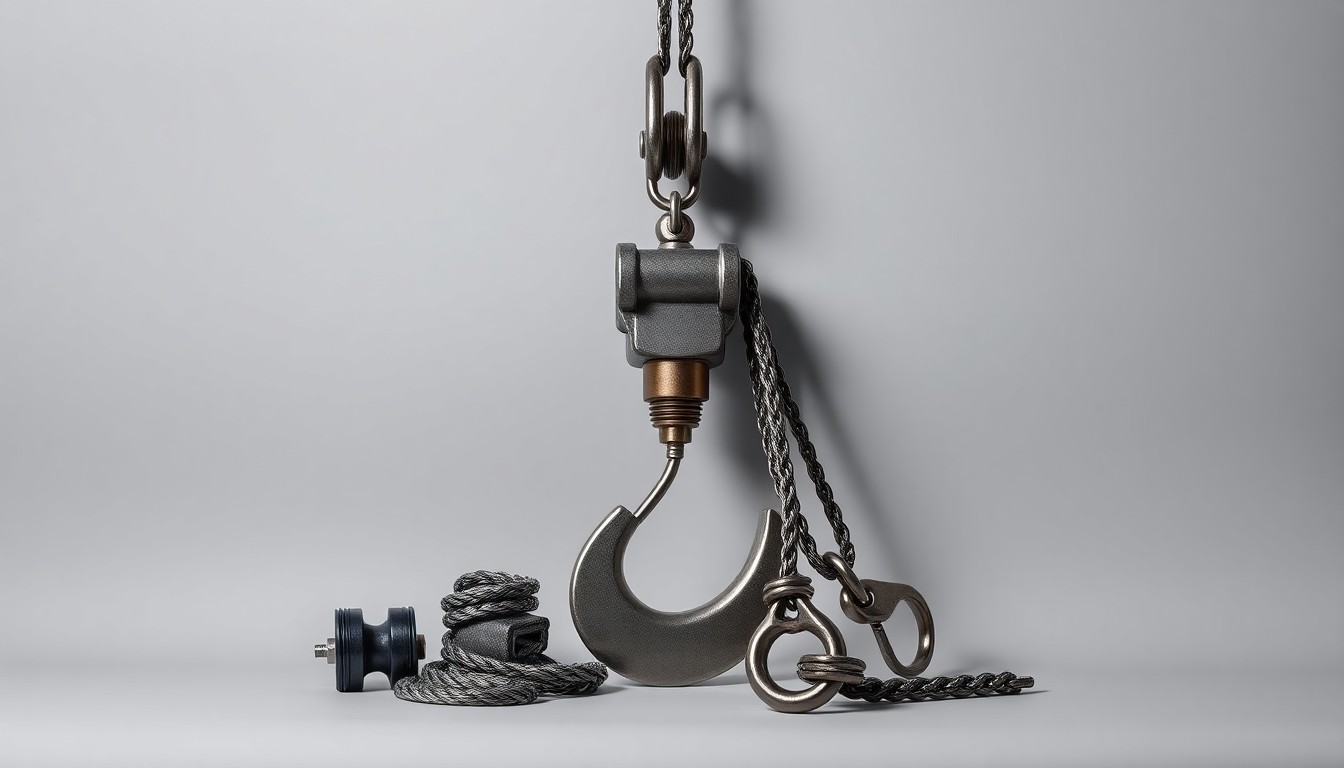 A close-up photograph of a polished, geometric crane hook and rigging components arranged elegantly on a clean, monochromatic background, conceptually representing the safety-focused approach of Grand Rapids Crane Co.'s lifting operations.