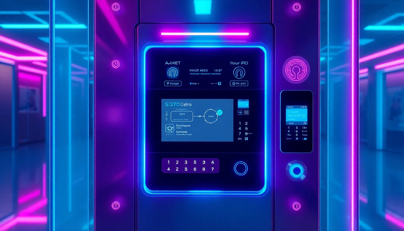 A highly detailed 3D illustration of a futuristic smart building access control panel, featuring biometric sensors, digital keypads, and a high-resolution video display, all illuminated by neon cyan and magenta lights, conceptually representing the integration of building access, video intercom, and resident operations.