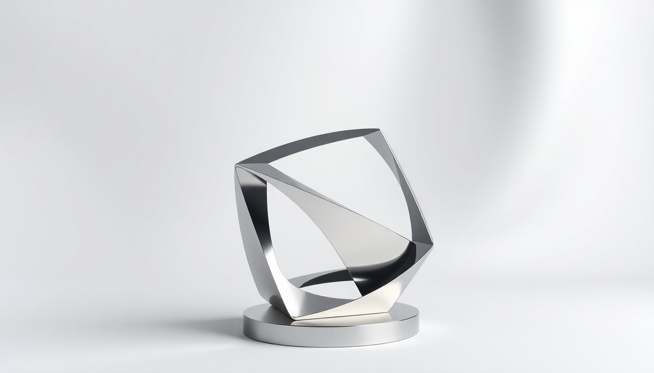 A high-end, photorealistic studio still-life photograph featuring a sleek, geometric metal sculpture or abstract object arranged elegantly on a clean, monochromatic background, conceptually representing the precise, technical approach Reputation Pros takes to protecting the digital legacies of prominent clients.