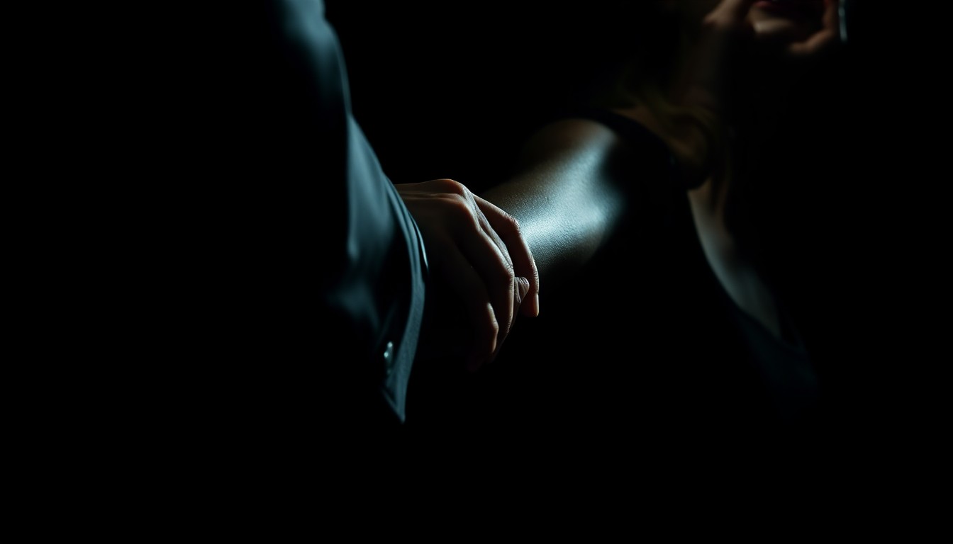 An extreme close-up photograph of a hand firmly grabbing a dancer's arm, lit by a harsh, direct camera flash against a pitch-black background, conceptually illustrating the allegations of inappropriate touching in the lawsuit.