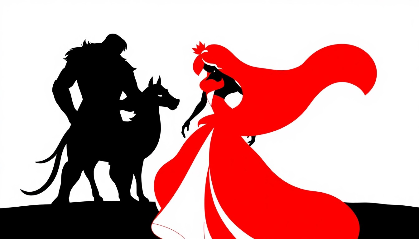 An abstract, minimalist illustration using bold black shapes and bright red and white colors to conceptually represent the characters and themes of the Sleeping Beauty ballet.