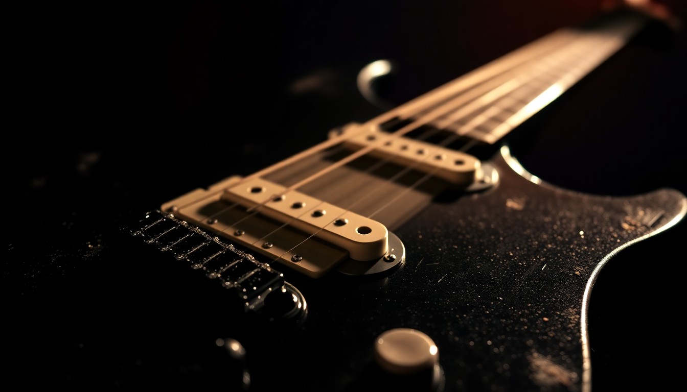 An extreme close-up of the metallic hardware and glossy black finish of an electric guitar, capturing the gritty, high-energy texture of the instrument in dramatic studio lighting.