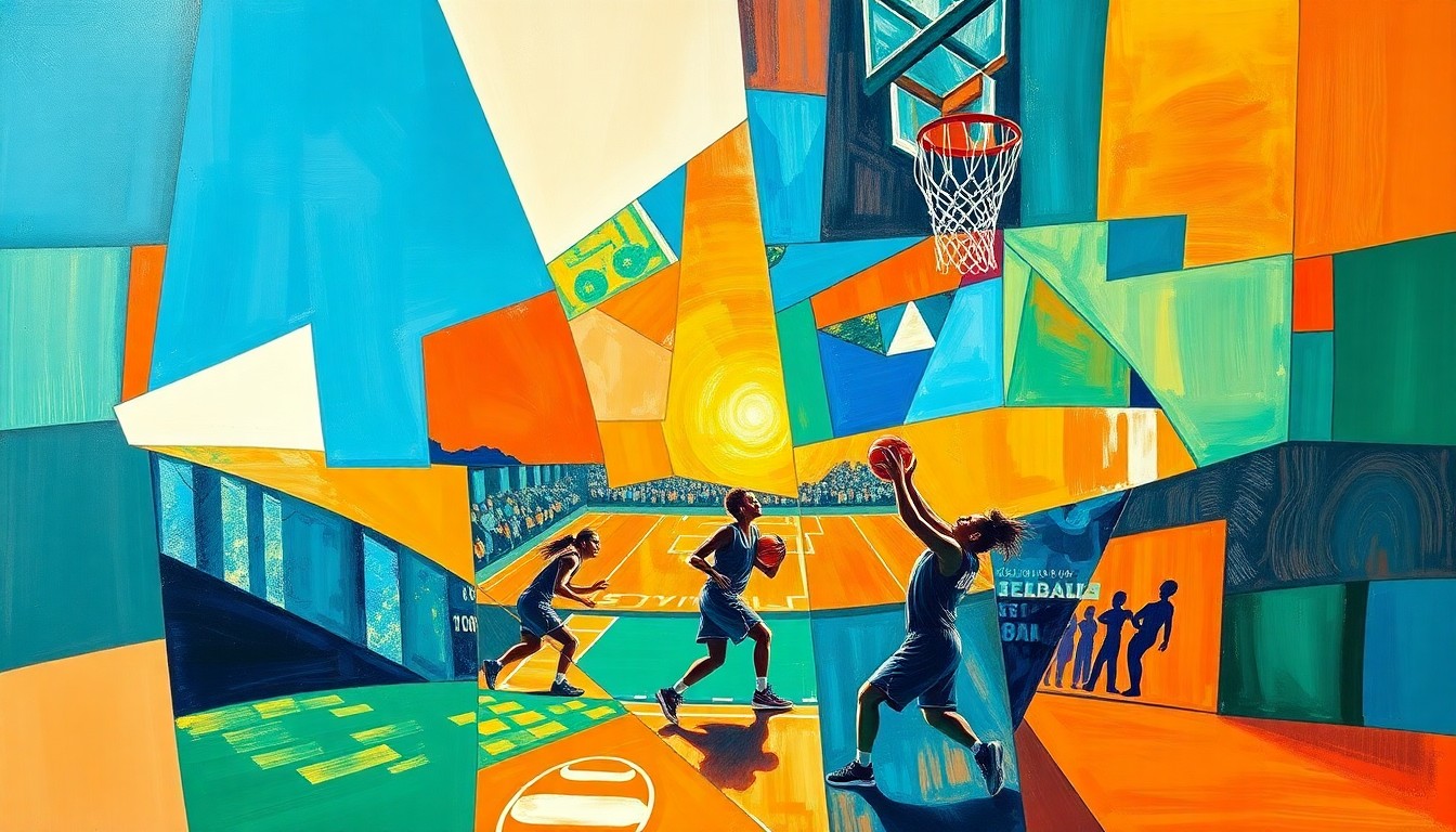 A cubist, geometric painting depicting the dynamic movements and energy of a women's basketball game, with sharp planes of color and overlapping perspectives.