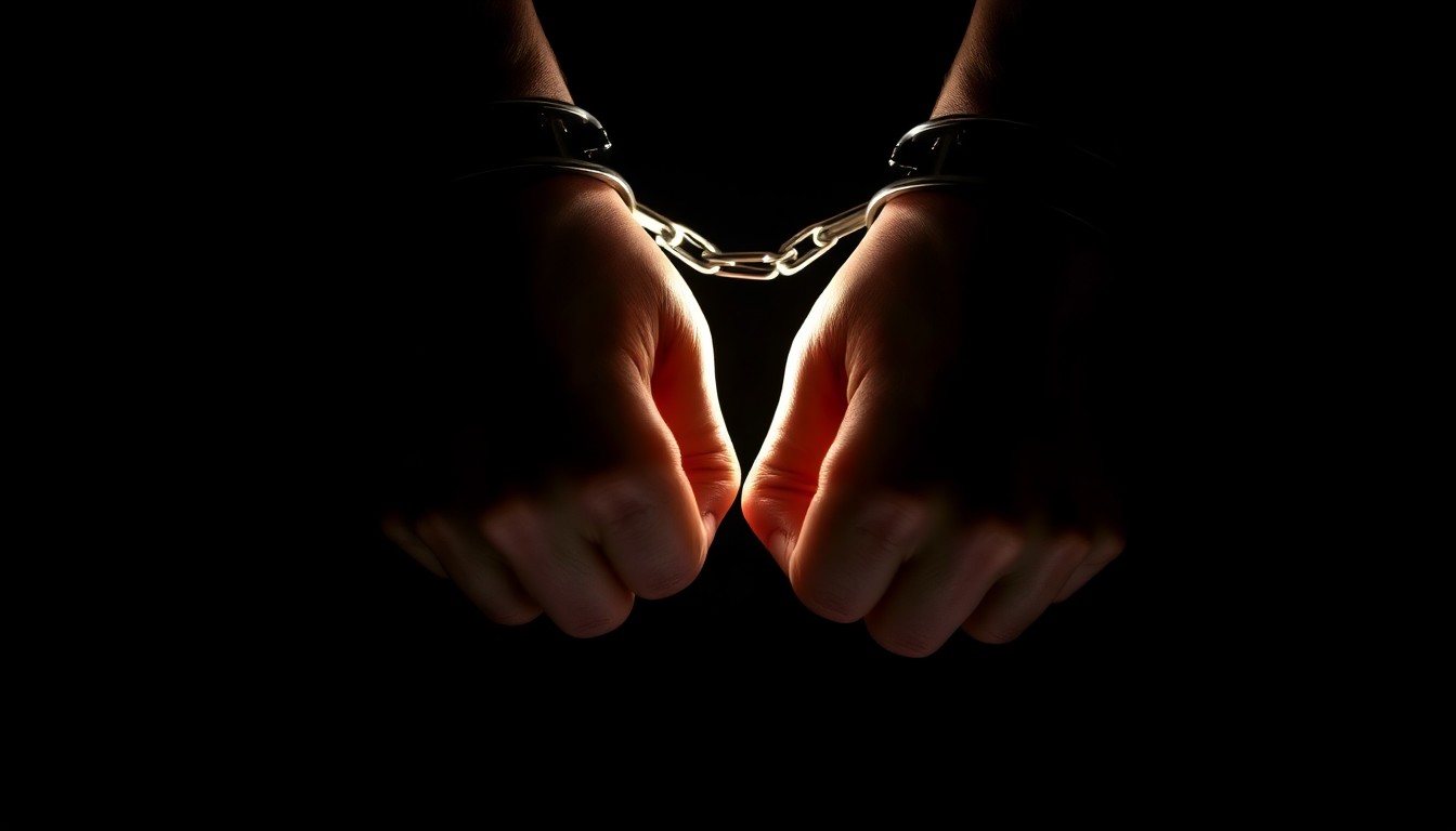 An extreme close-up of a pair of handcuffed hands against a dark background, conveying the serious nature of the alleged sex trafficking crimes.