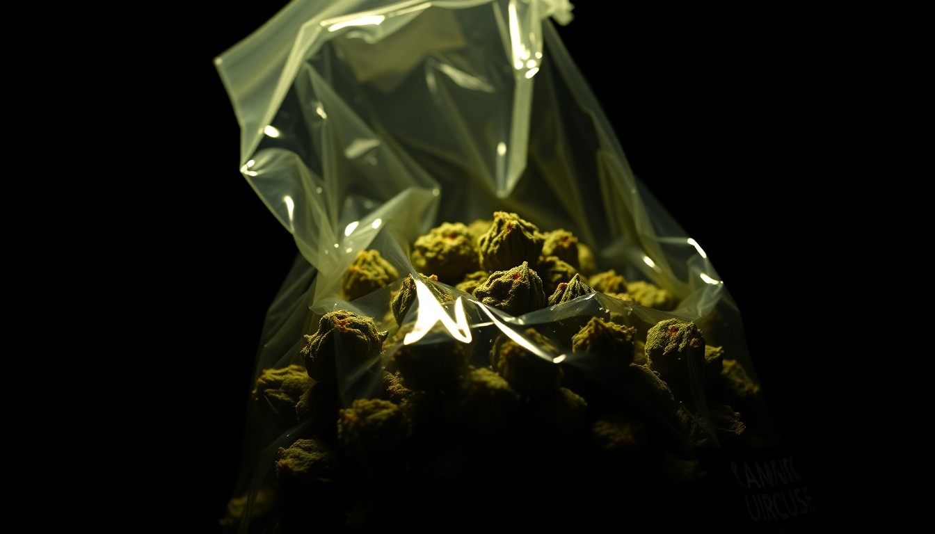 An extreme close-up photograph of a large bag of marijuana buds, the texture and details of the plant material sharply illuminated by a harsh, direct camera flash against a pitch-black background, creating a stark, gritty, investigative aesthetic.