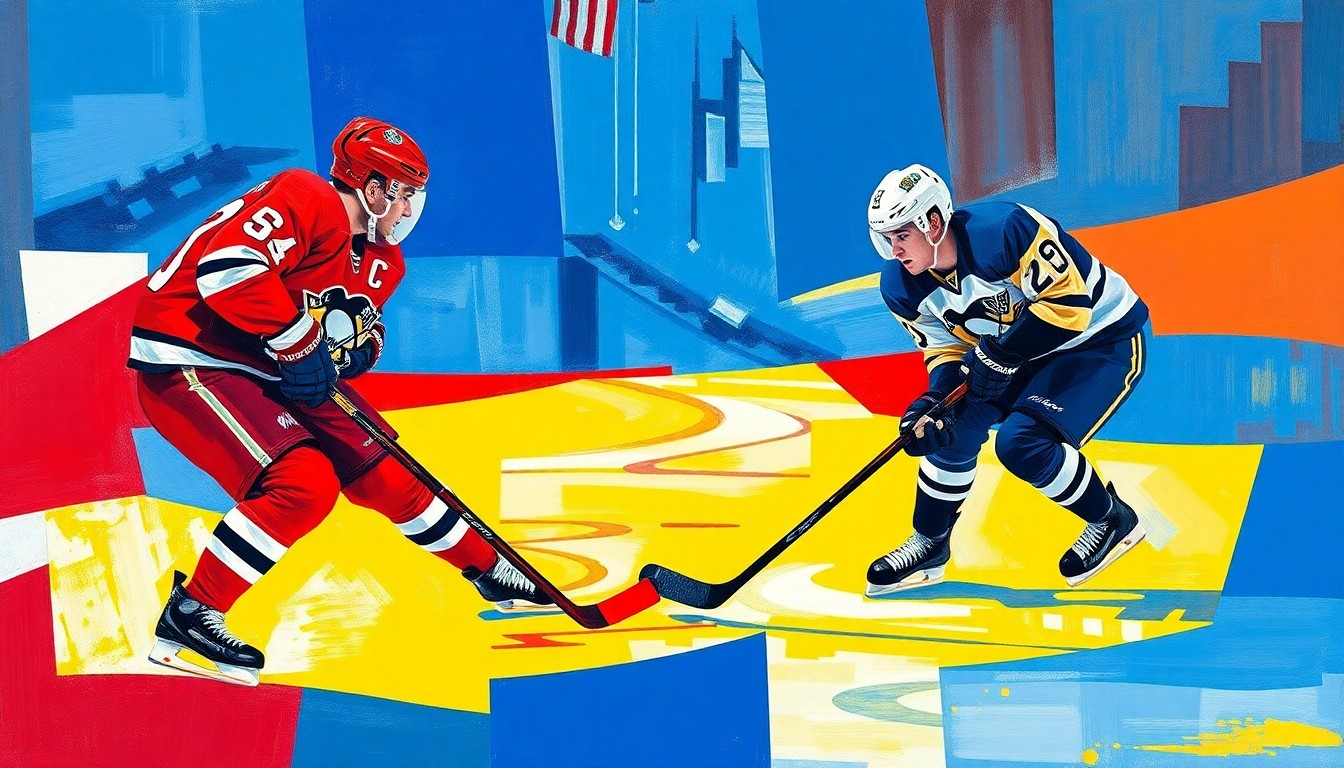 A cubist, geometric painting depicting the action of a hockey game, with the players' forms fractured and abstracted into sharp, overlapping planes of vibrant blue, red, and yellow colors.
