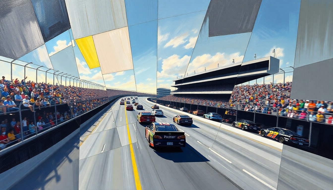 A cubist, geometric painting depicting the chaos and energy of a NASCAR race at Bristol Motor Speedway, with cars and track fragmented into sharp, overlapping planes of color and motion.