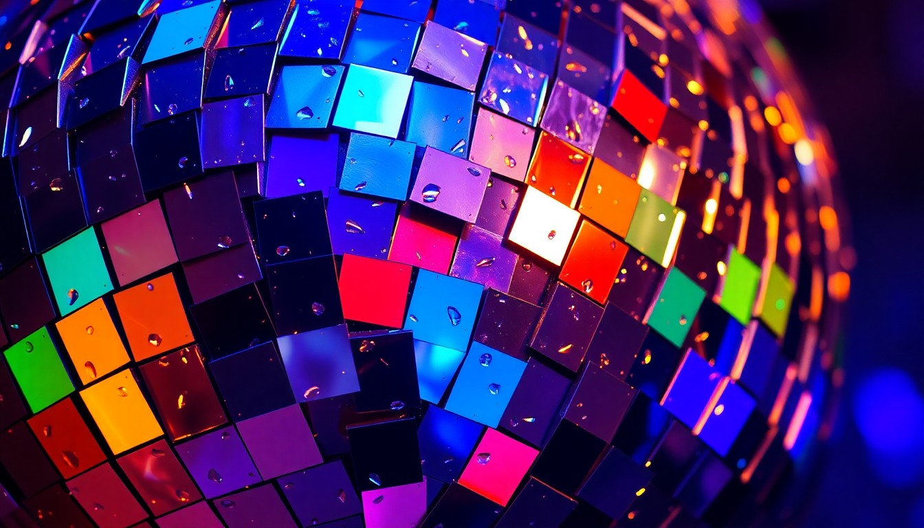 An extreme close-up of shattered disco ball fragments reflecting a rainbow of stage lights, conceptually representing the vibrant energy and legacy of the co-headlining tour.