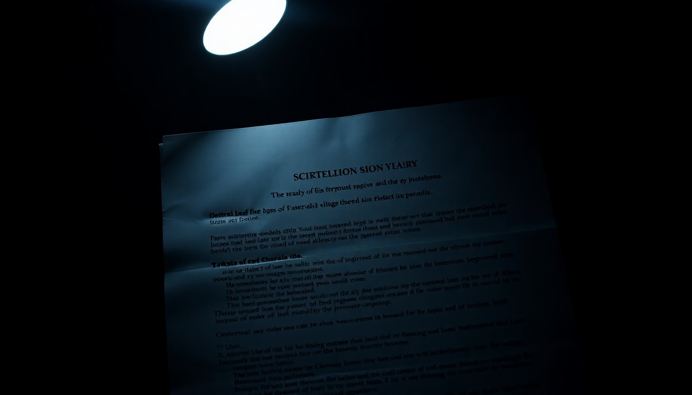 An extreme close-up of a crumpled Scientology document or legal file, the harsh flash illuminating the textured paper and creating dramatic shadows, conceptually representing the secretive and coercive nature of the church's arbitration system.