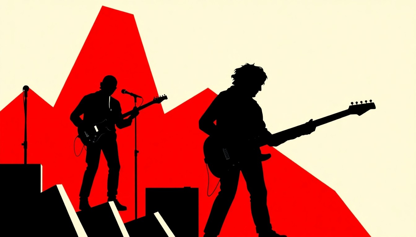 A striking abstract composition of jagged black silhouettes and bold red geometric shapes, conceptually representing the experimental electronic and indie rock music genres featured in this Austin concert event.