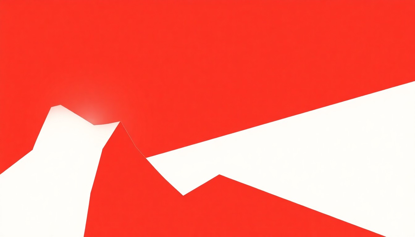 An extreme, abstract composition of bold, jagged geometric shapes in striking red and white, conceptually representing the indie-pop music genre and the rising popularity of artist Sarah Kinsley.