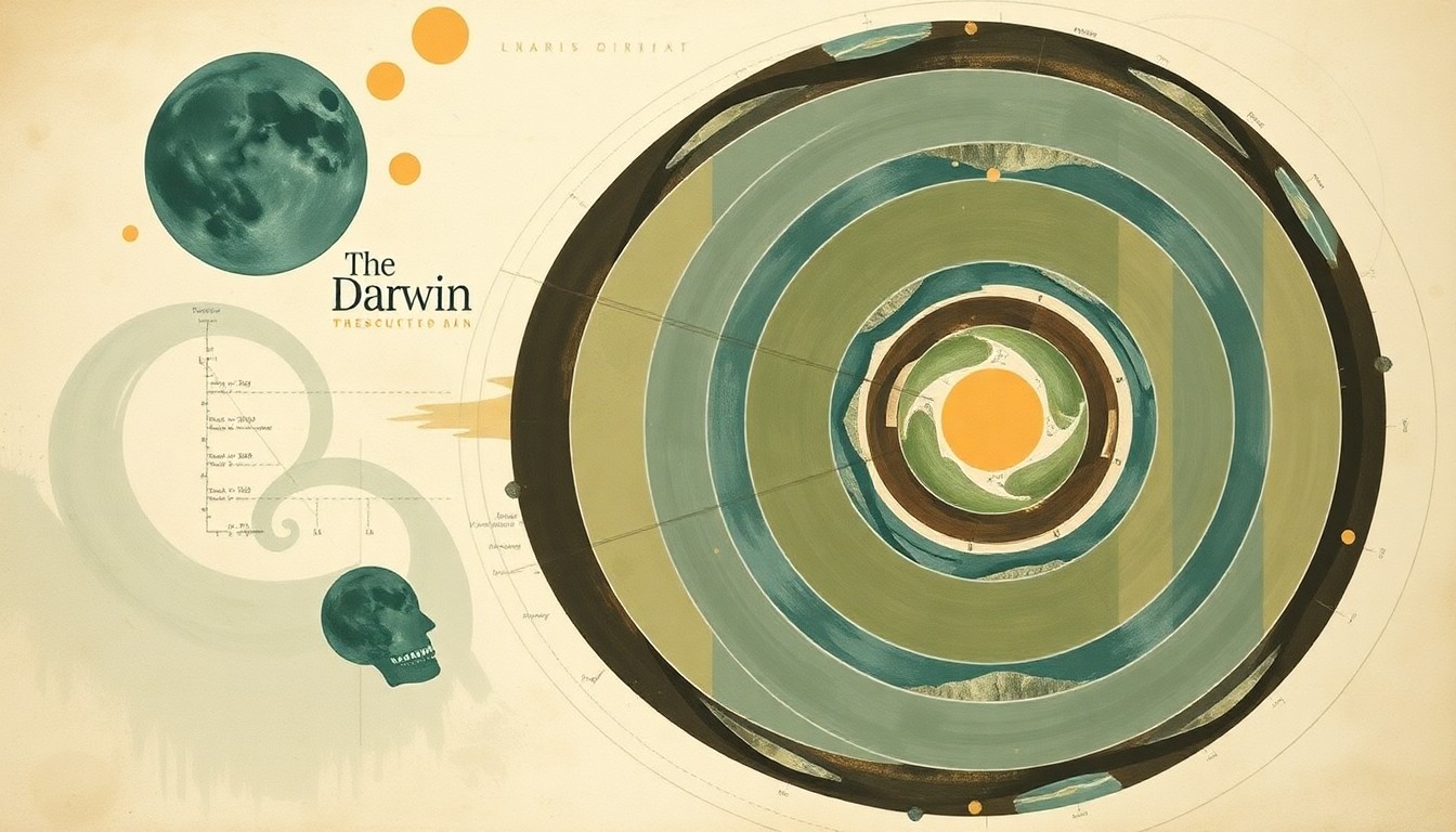 A bold, highly structured abstract painting featuring sweeping geometric arcs, concentric circles, and precise botanical spirals in earthy tones of green, brown, and blue, conceptually visualizing the complex evolutionary forces and scientific ideas examined in Charles Darwin's landmark work.