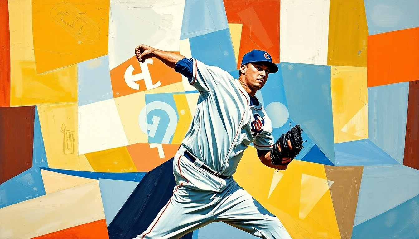 A cubist-style painting depicting a baseball pitcher's motion broken down into sharp, overlapping geometric shapes and planes, conceptually representing the breakdown of fundamentals that led to the costly mistake.