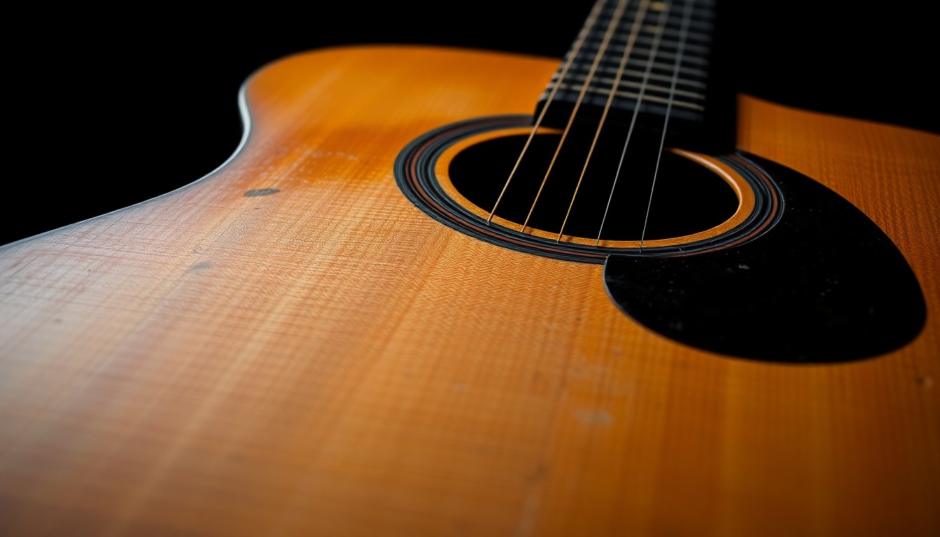 An extreme close-up photograph of the worn, textured surface of an acoustic guitar, capturing the vintage details and material qualities of the instrument in dramatic studio lighting.