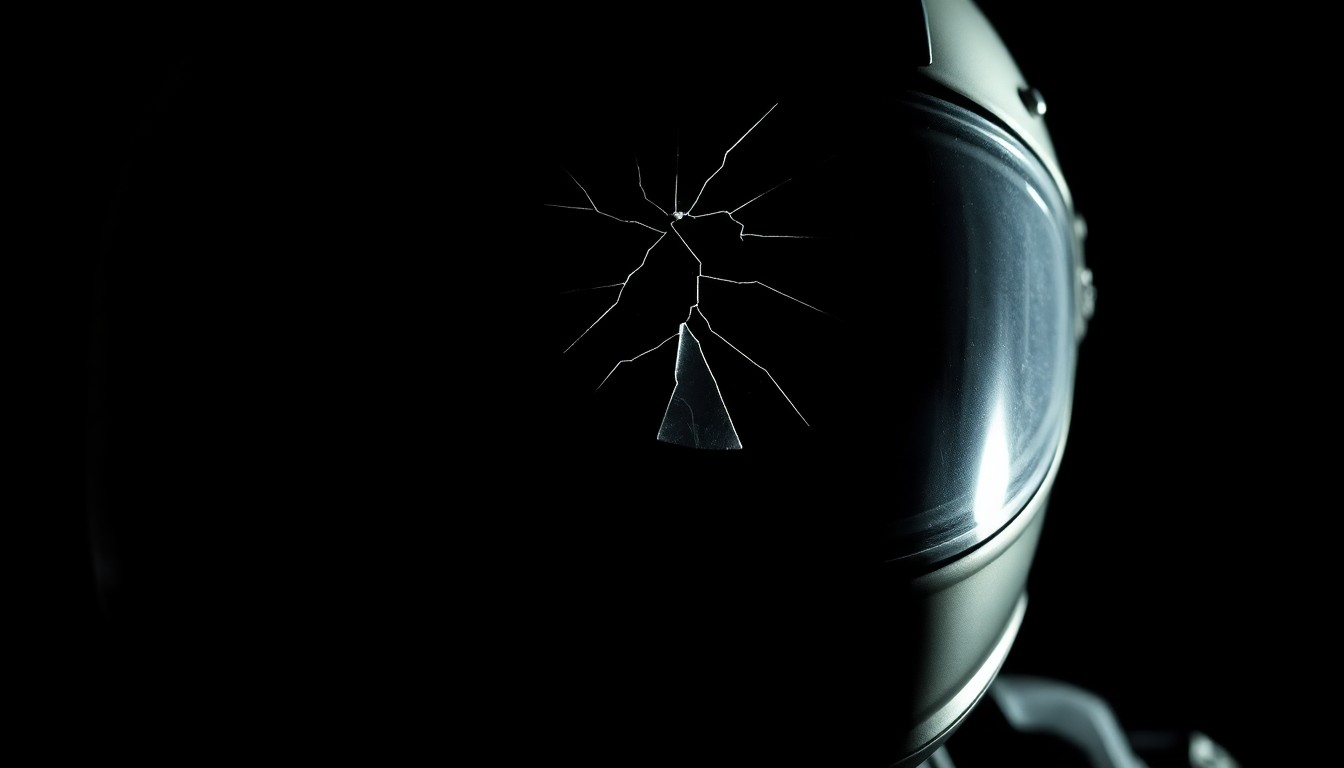An extreme close-up of a cracked motorcycle helmet visor, reflecting a harsh, direct flash of light, conveying the gritty aftermath of a tragic accident.