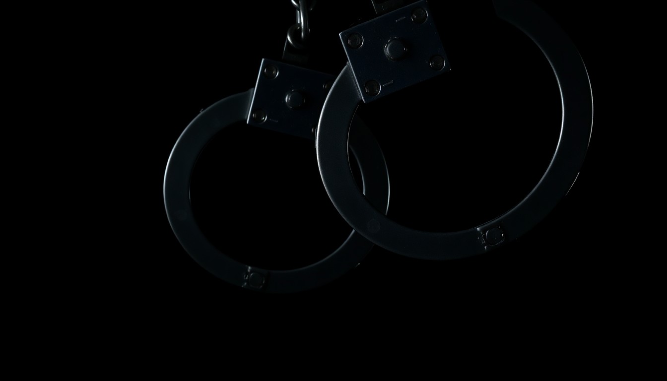 An extreme close-up of a pair of metal handcuffs against a dark background, creating a stark, gritty visual that conceptually represents the tensions between law enforcement and civil liberties.