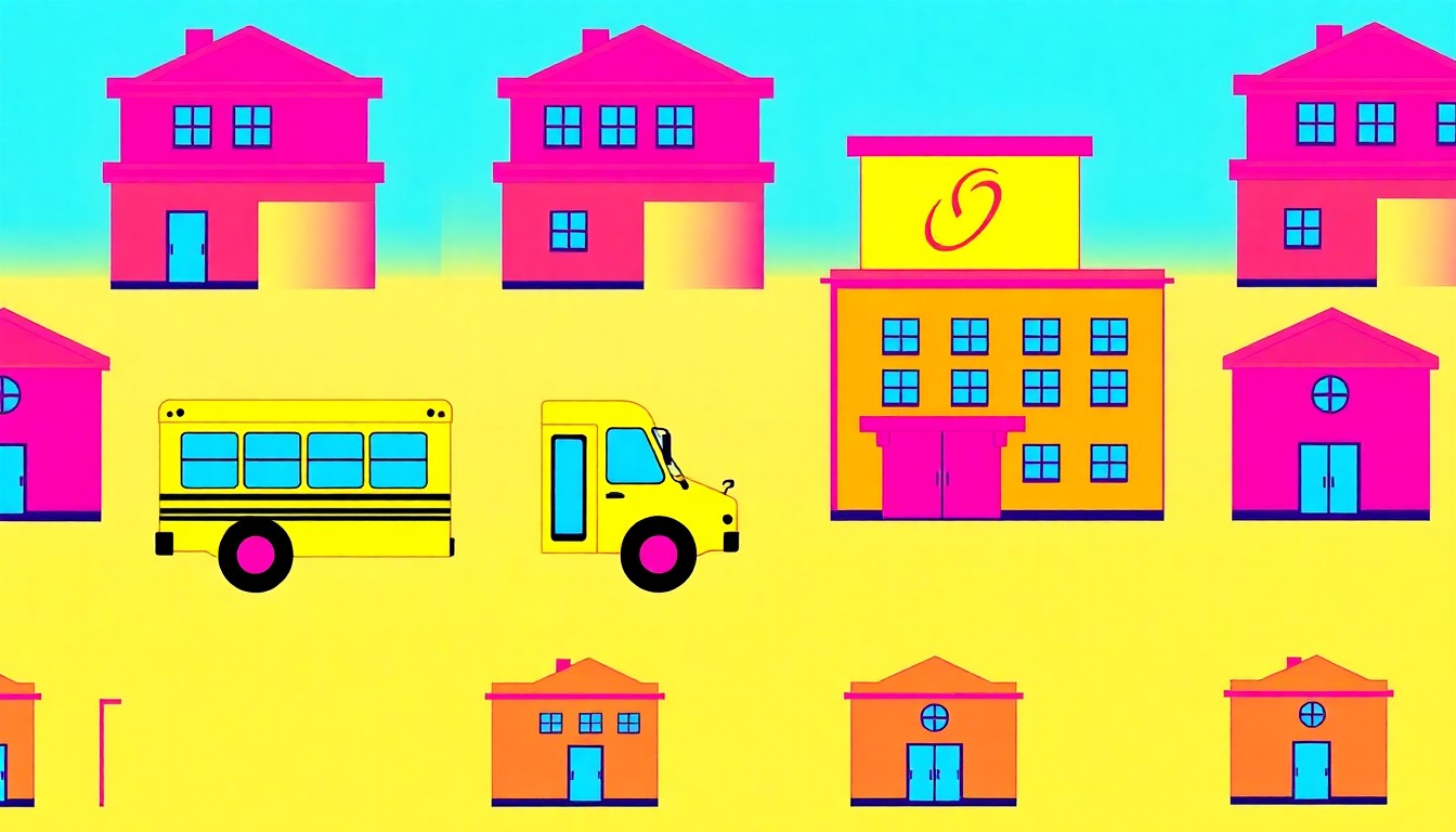 A bold, stylized illustration featuring repeating icons of a school bus and hospital building in a grid pattern, using a vibrant neon color palette and heavy black outlines to capture the collaborative spirit of the real estate deal.