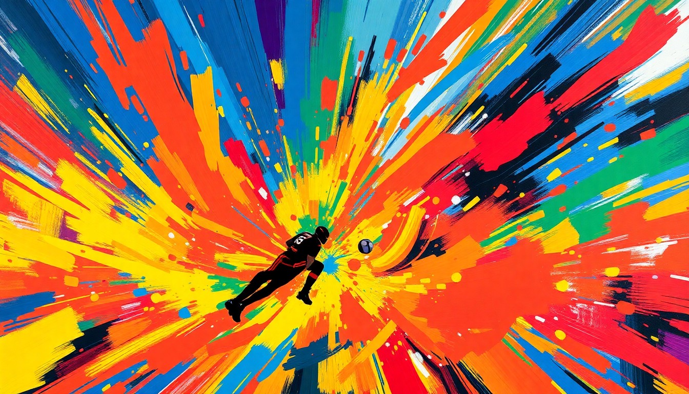 An abstract, energetic painting with bold, neon-colored brushstrokes that convey the excitement and intensity of sports trading on the Kalshi platform.