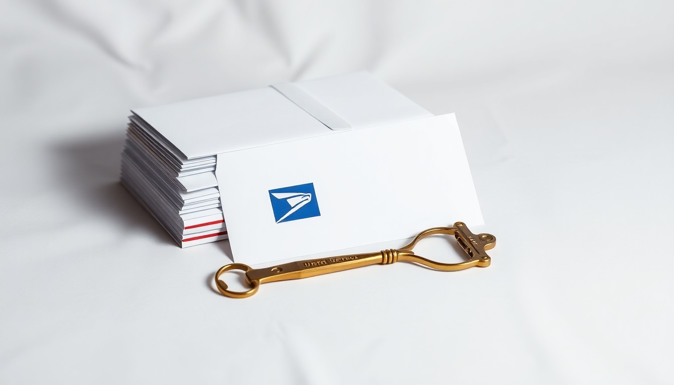 A high-end, photorealistic studio still-life photograph featuring a stack of U.S. Postal Service envelopes and a brass letter opener on a clean, white background, conceptually representing the Postal Service's financial challenges.