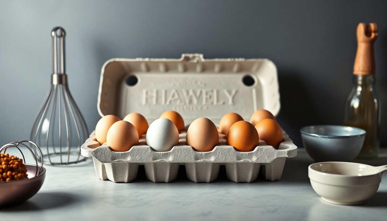 A photorealistic studio still life featuring a carton of eggs in the center, surrounded by a few other kitchen items like a whisk and a small bowl. The lighting and shadows emphasize the form and texture of the eggs, conveying a sense of quality and craftsmanship.