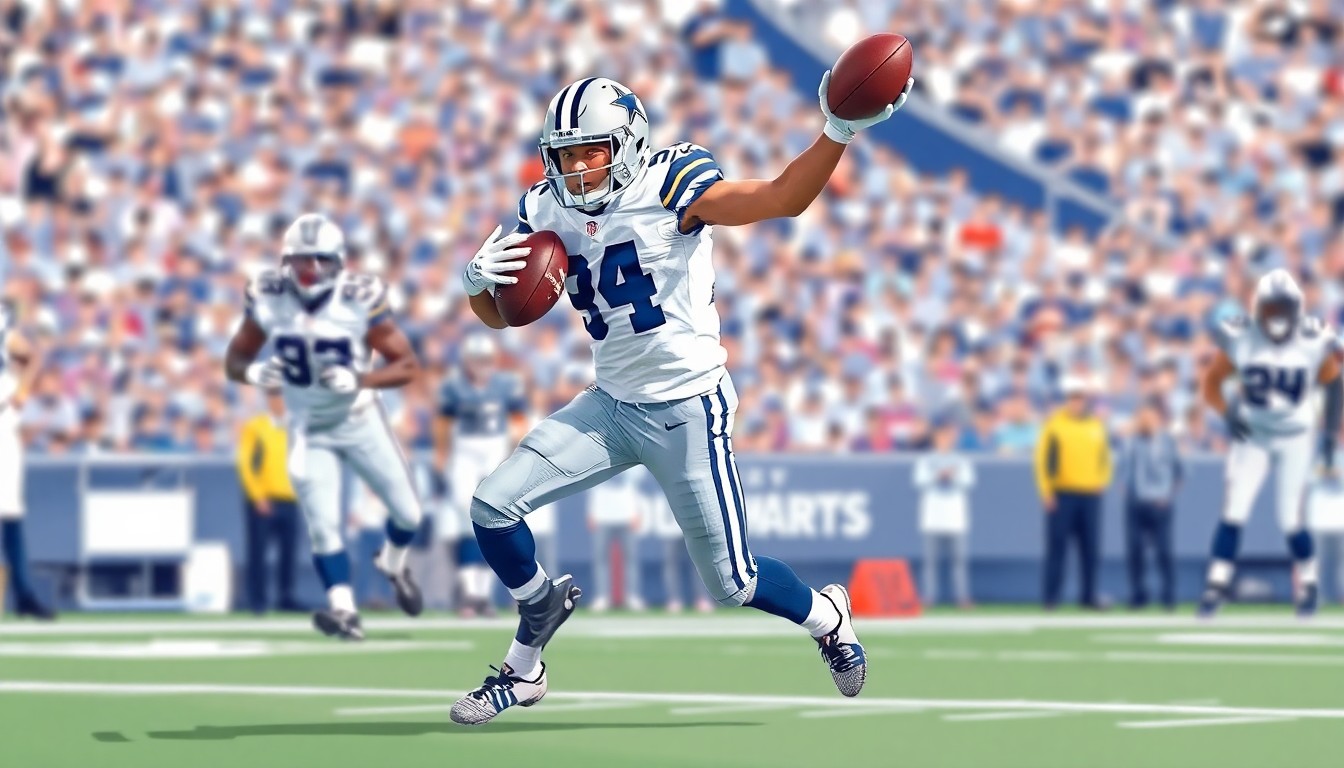 A cubist-style painting depicting a Cowboys defensive player making a play, with sharp, overlapping geometric planes representing the fractured, multi-perspective nature of the game.