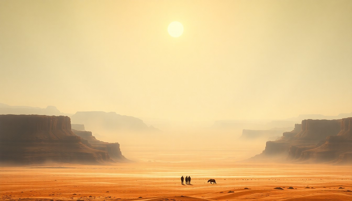 A vast, atmospheric landscape painting in muted earth tones, depicting a desolate desert scene shrouded in a hazy, oppressive heat haze, conveying the overwhelming scale and danger of extreme heat conditions.
