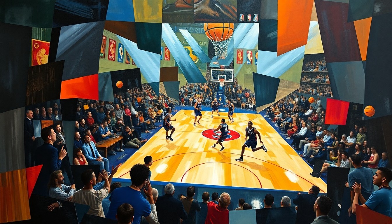 A cubist, geometric painting depicting an intense NBA basketball game, with players and the court broken down into sharp, overlapping planes of color and shape, conveying the high-stakes energy of the final games of the regular season.