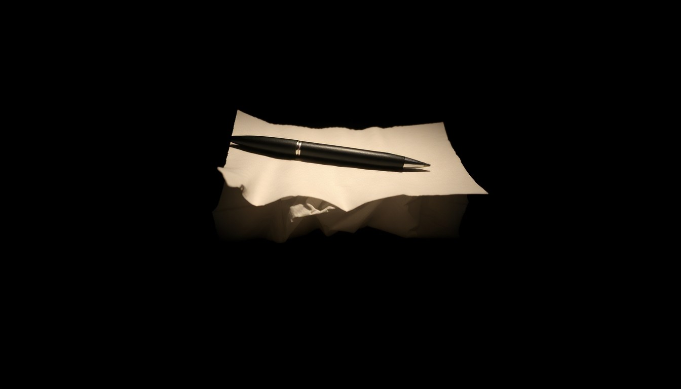 An extreme close-up photograph of a crumpled piece of paper with a pen resting on top, conveying a sense of evidence and investigation without depicting any actual violence or victims.
