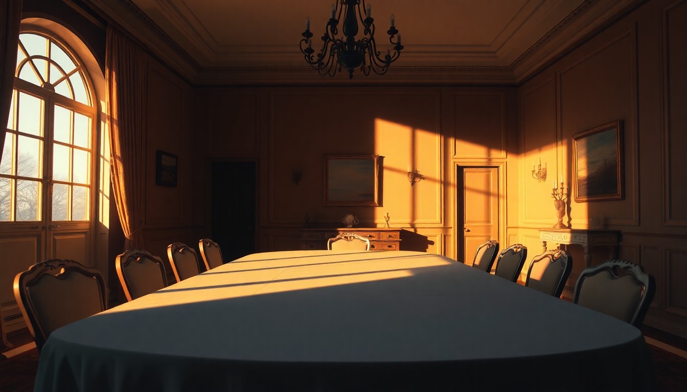 An empty, dimly lit dining room in a grand mansion, with warm sunlight streaming through a window and deep shadows, conceptually representing the disconnect between the lifestyles of the wealthy and the looming threat of food scarcity.