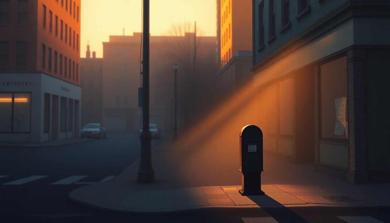 A photorealistic painting of a lone mailbox on a city street, its metal surface reflecting the warm glow of the sun and casting deep shadows on the pavement, conceptually representing the logistical challenges of mail-in voting.
