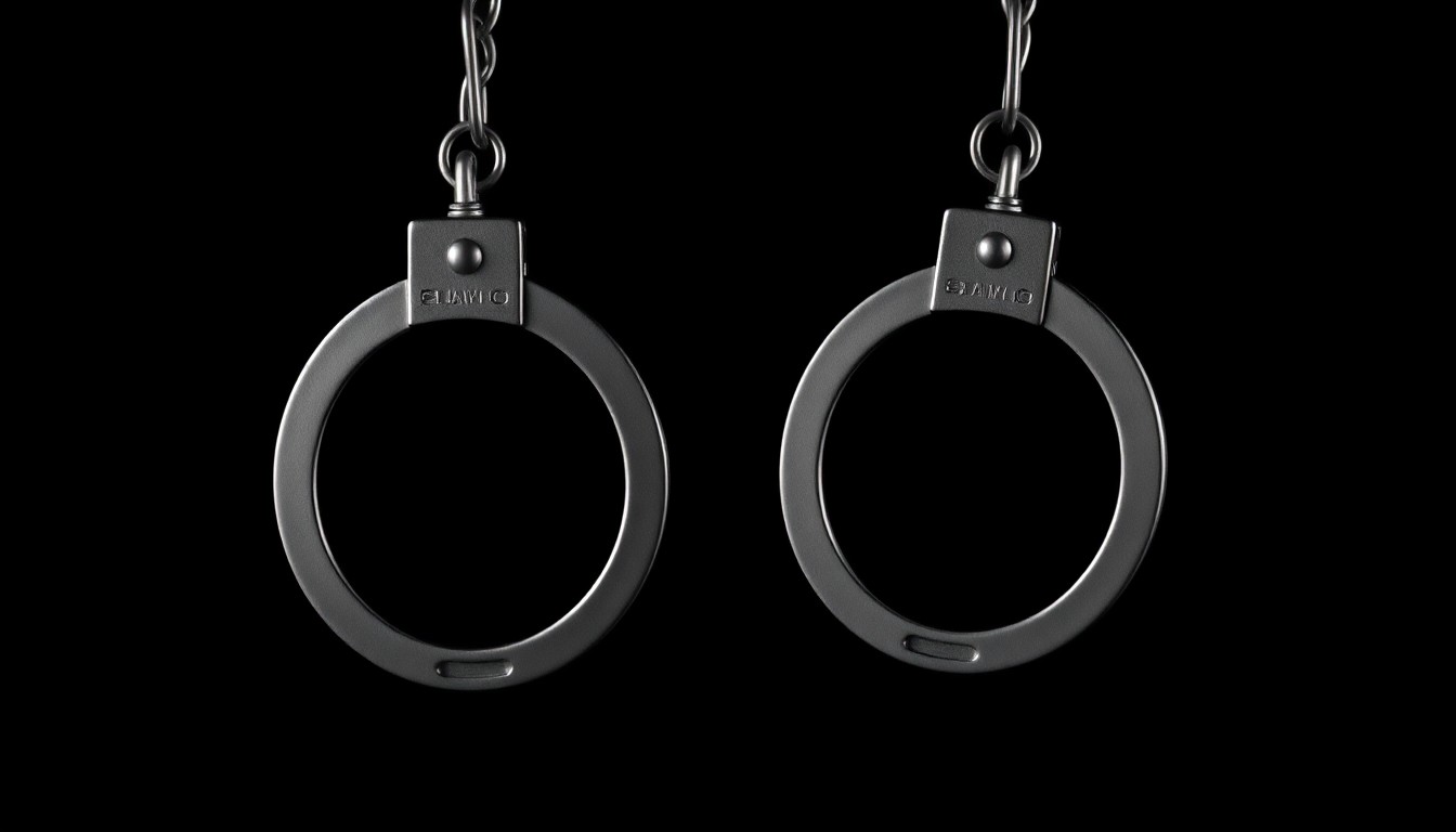 An extreme close-up photograph of a pair of handcuffs against a pitch-black background, lit by a harsh, direct camera flash, conceptually representing the criminal justice system's response to the exploitation of sex workers.