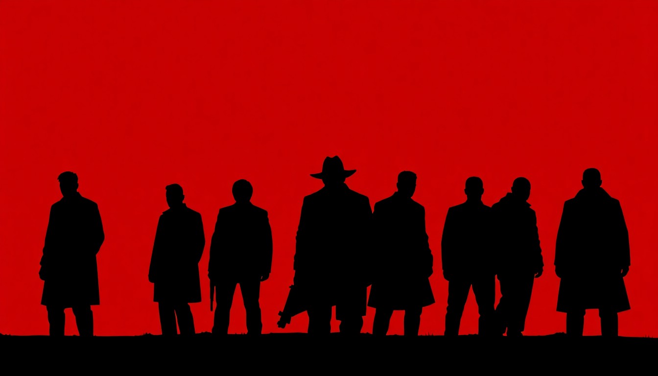 A minimalist, abstract illustration featuring bold, jagged black silhouettes against a backdrop of striking red and white, conveying the intense, moody tone of a crime drama series.