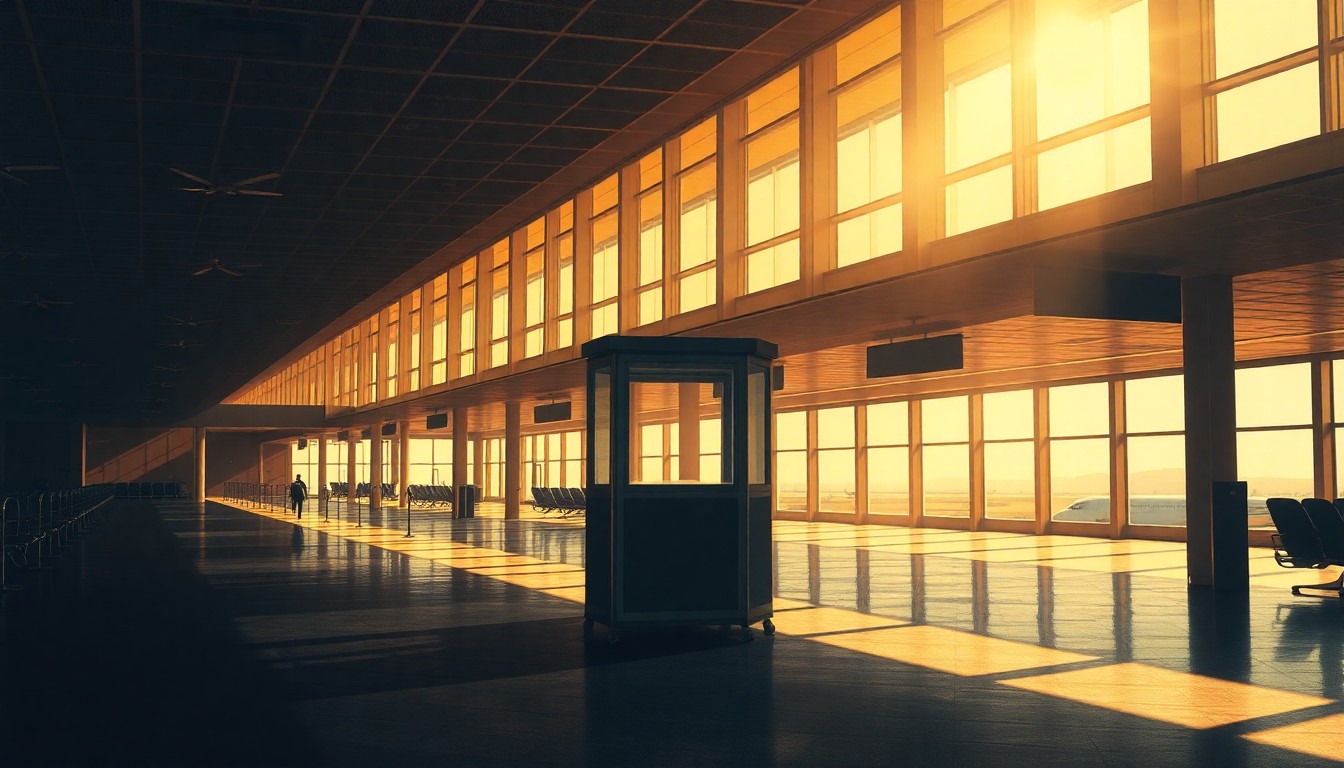 A dimly lit, cinematic painting of a lone Transportation Security Officer booth at an empty airport terminal, with warm diagonal sunlight and deep shadows, conveying a sense of isolation and contemplation.
