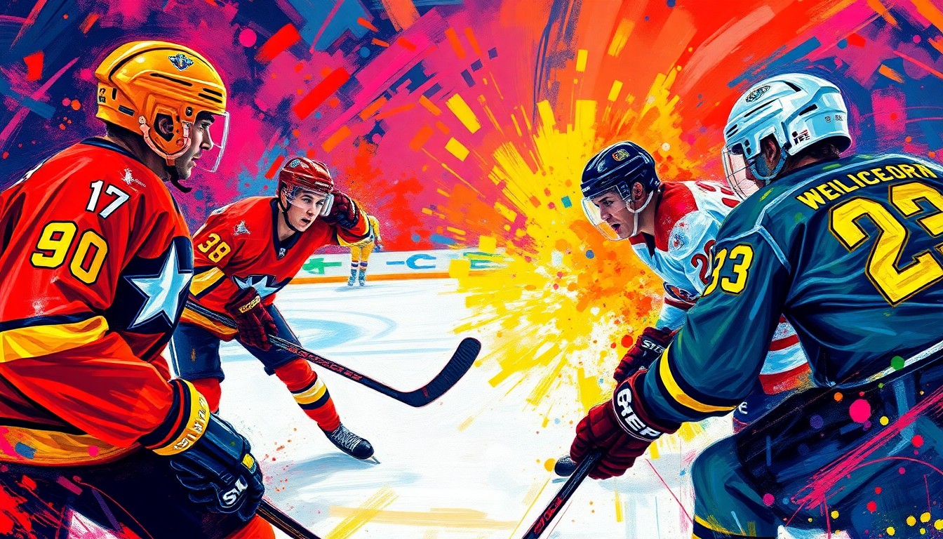 An abstract, expressionist painting in vibrant neon colors depicting the intense action and energy of a hockey game, with the players' forms dissolving into dynamic brushstrokes and splashes of paint.