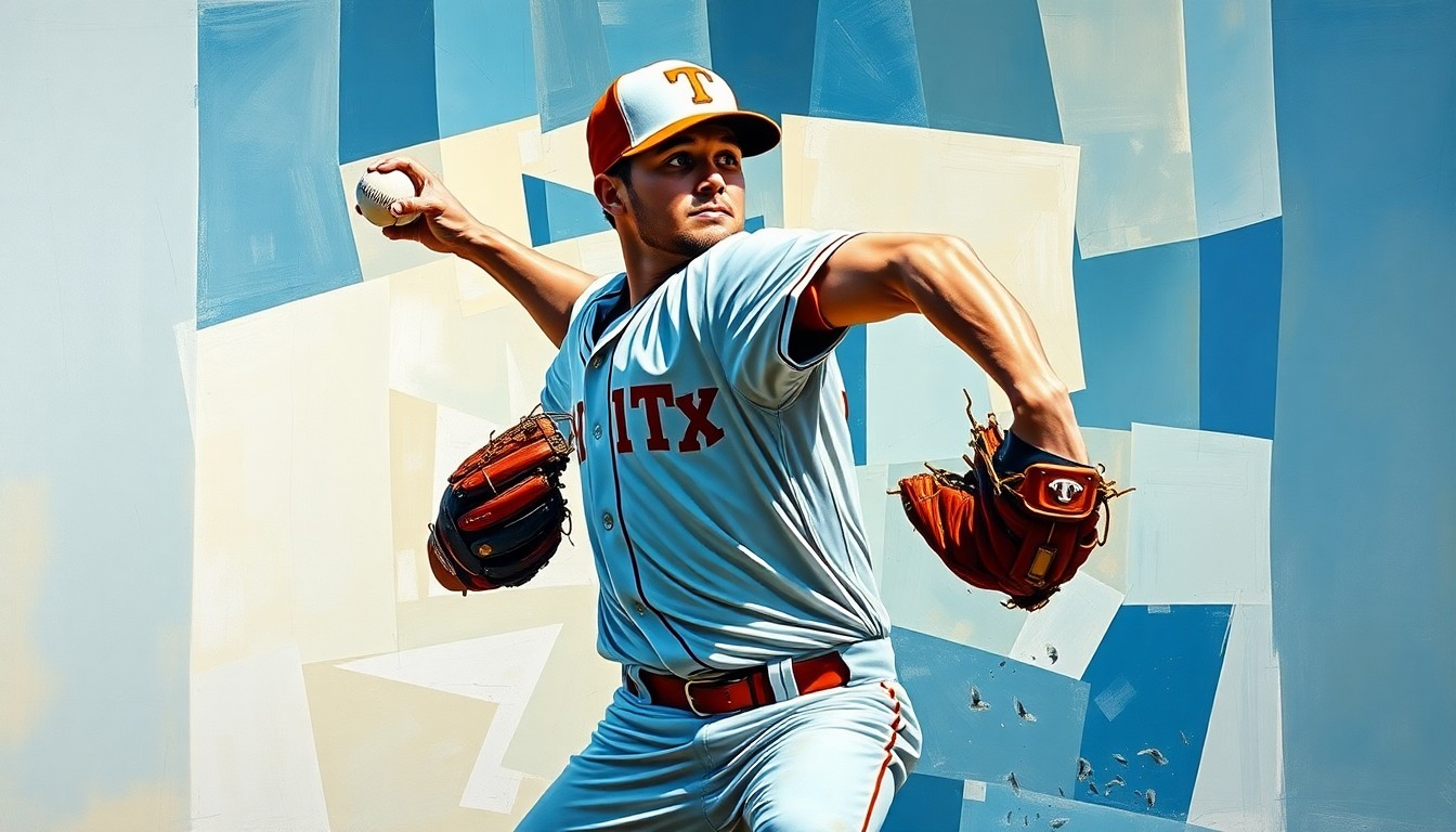 A cubist, geometric painting depicting a Tennessee baseball pitcher in the midst of his delivery, with the motion and form of the player broken down into sharp, overlapping planes of color and shape.