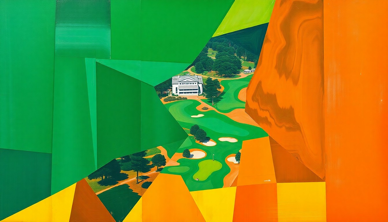 A fractured, geometric painting in bold colors depicting the reimagined layout and facilities of Augusta's municipal golf course, The Patch, with sharp planes and overlapping perspectives conveying the course's dramatic renovation.
