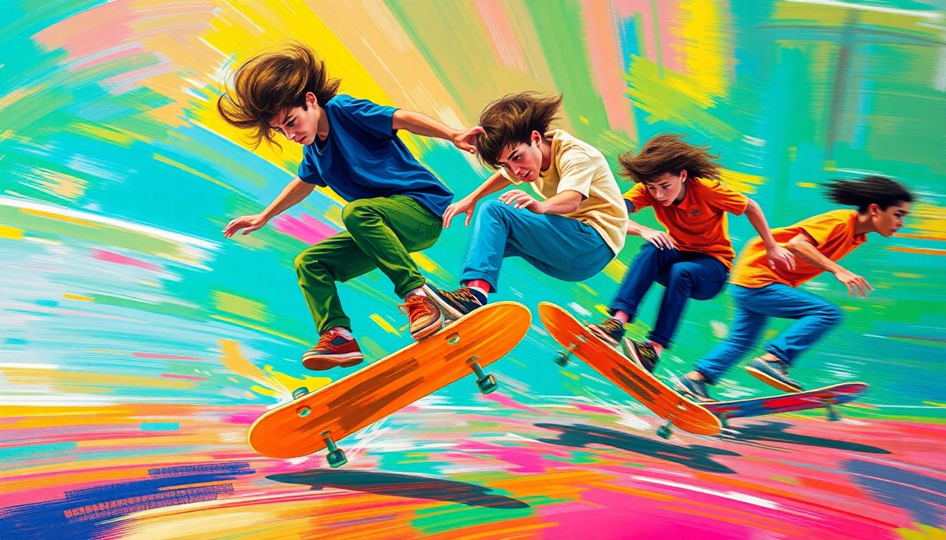 An abstract, expressionist painting in vibrant neon colors depicting a group of skateboarders mid-trick, their bodies and boards blurred into a dynamic, energetic composition that captures the raw athleticism and motion of the sport.