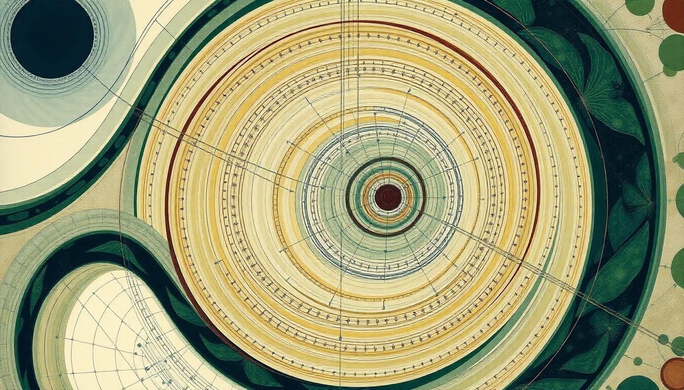 A highly structured abstract painting in earthy tones of green, brown, and blue, featuring sweeping geometric arcs, concentric circles, and precise botanical or physical spirals, conceptually representing the complex interplay of energy sources and distribution systems in a sustainable energy grid.