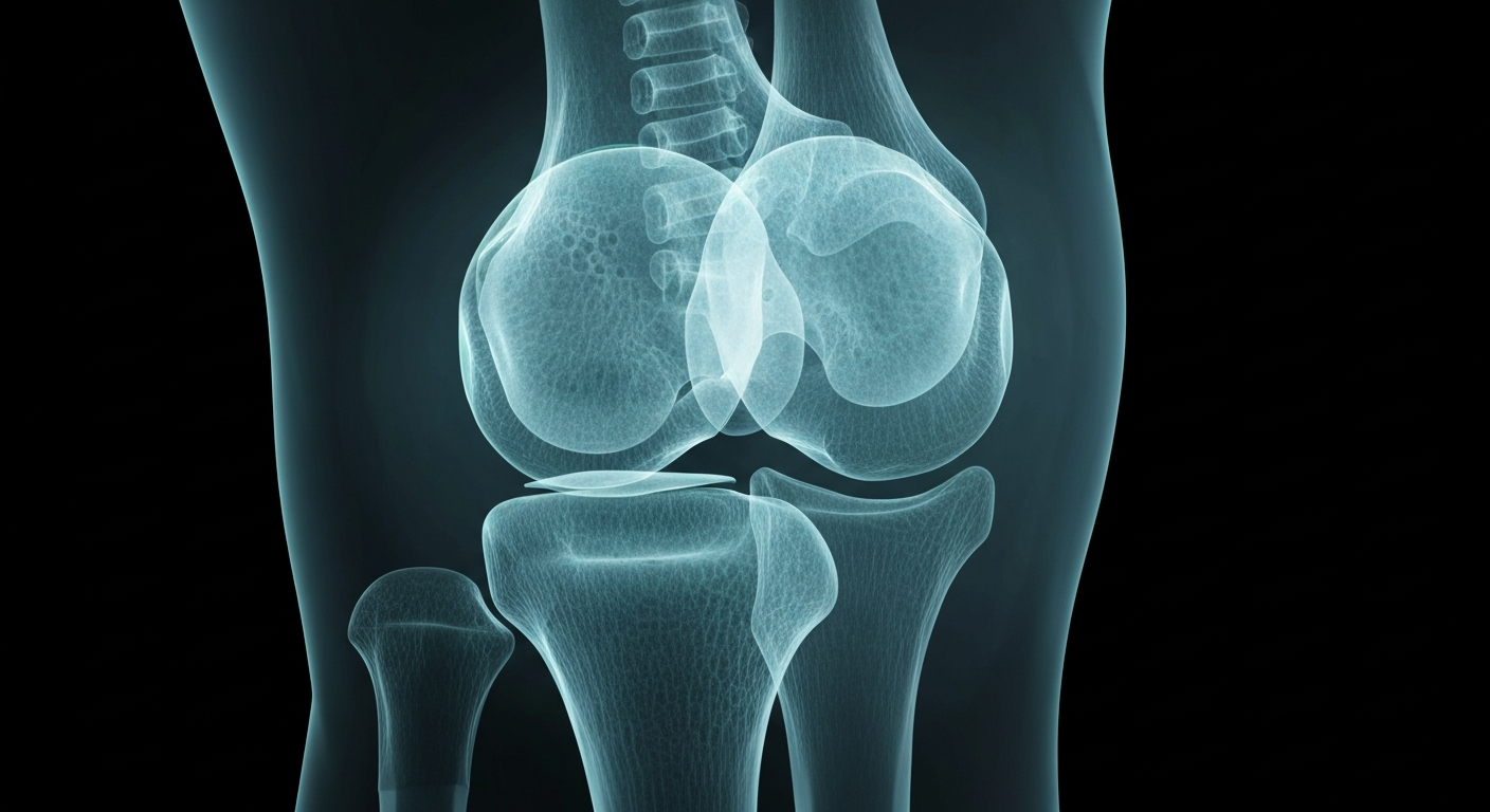A translucent X-ray image revealing the intricate bone and cartilage structures of a human knee joint, conceptually illustrating the technical complexity of joint replacement surgery.