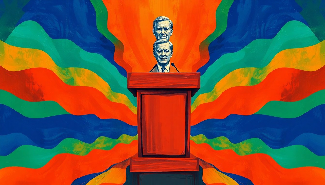 A dynamic, abstract painting featuring a fragmented, overlapping image of a politician's podium or lectern, rendered in bold, contrasting colors of blue, green, and orange, conveying a sense of energy and change in the political landscape.
