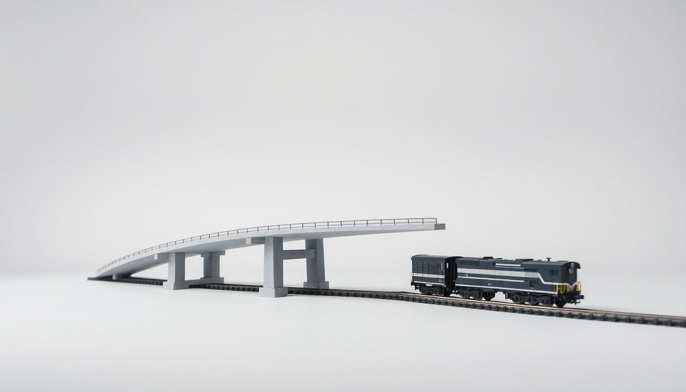A high-end, photorealistic studio still-life photograph featuring a scale model of a highway overpass bridge and a miniature train set on a clean, monochromatic background, using dramatic lighting to symbolize the abstract concepts of transportation infrastructure.
