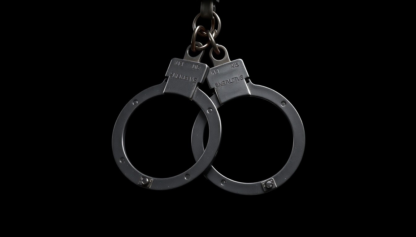 An extreme close-up photograph of a set of handcuffs against a pitch-black background, lit by a harsh, direct camera flash, creating a stark, gritty, investigative aesthetic.