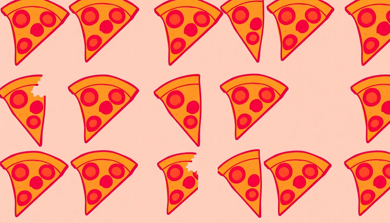 A vibrant, silkscreen-style illustration of a single, iconic pizza slice repeated in a grid pattern, using a bold, neon color palette and heavy black outlines to transform the everyday food item into a modern pop art piece.