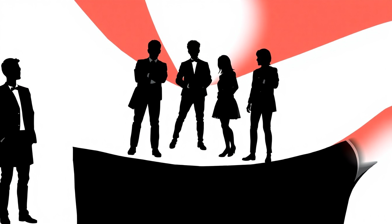 A graphic illustration composed of bold, jagged black silhouettes against a bright red background, conceptually representing the playful tone of a high school murder mystery production.