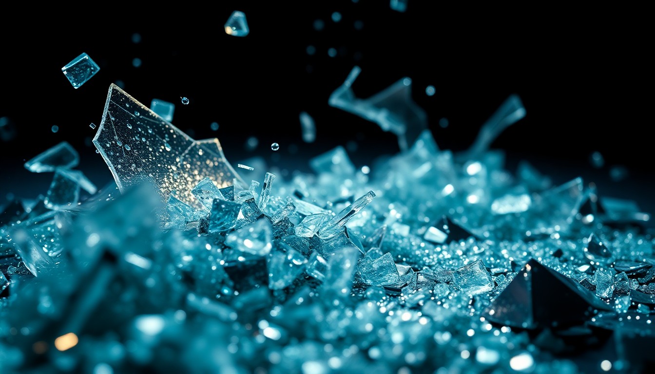 An extreme close-up photograph of shattered glass and glittering sequins in dramatic high-contrast studio lighting, conceptually representing the glamour and excess of the entertainment industry.