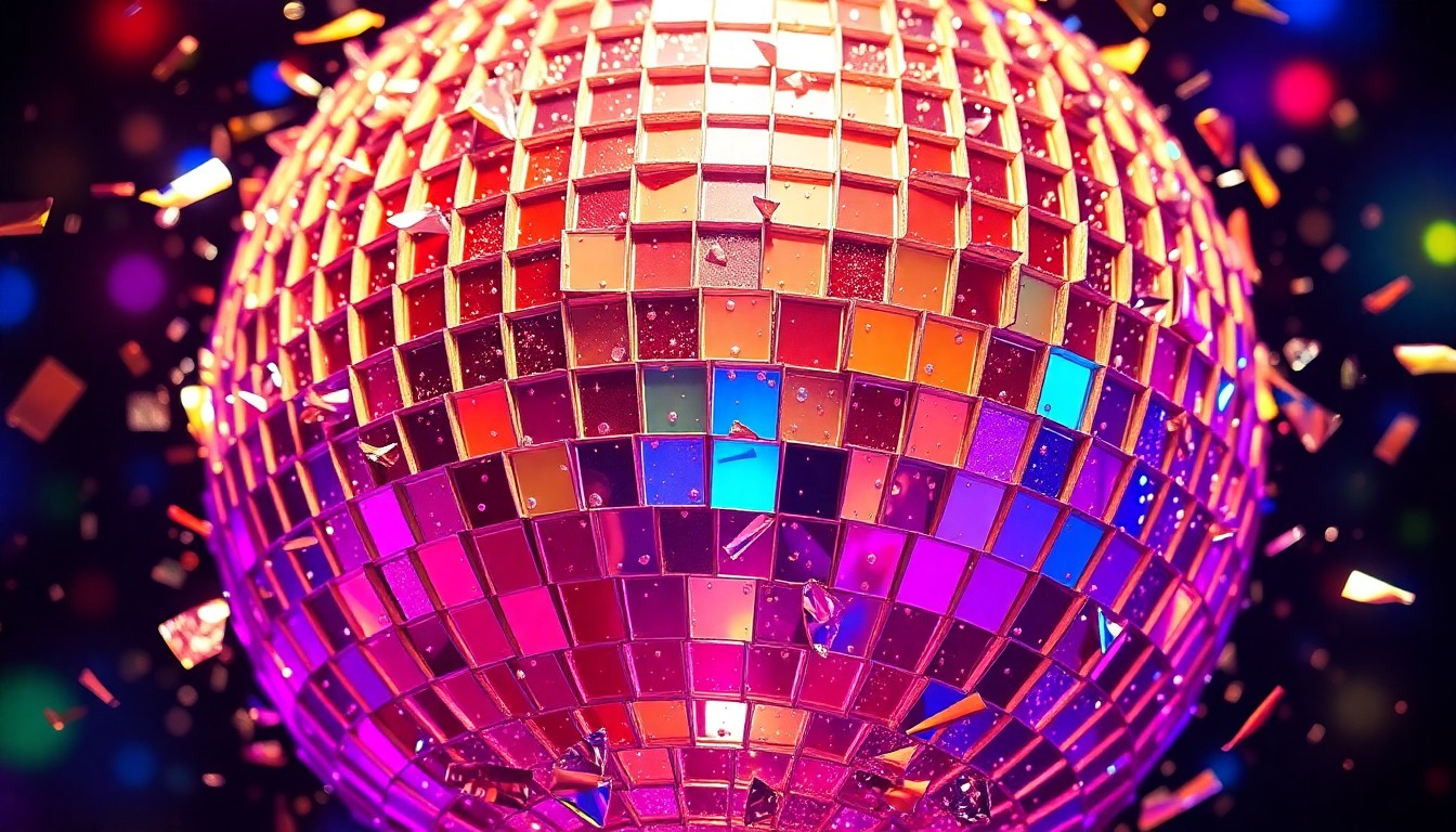 An extreme close-up photograph of shattered, glittering disco ball fragments reflecting multicolored light, conceptually representing the dramatic energy and glamour of a game show finale.