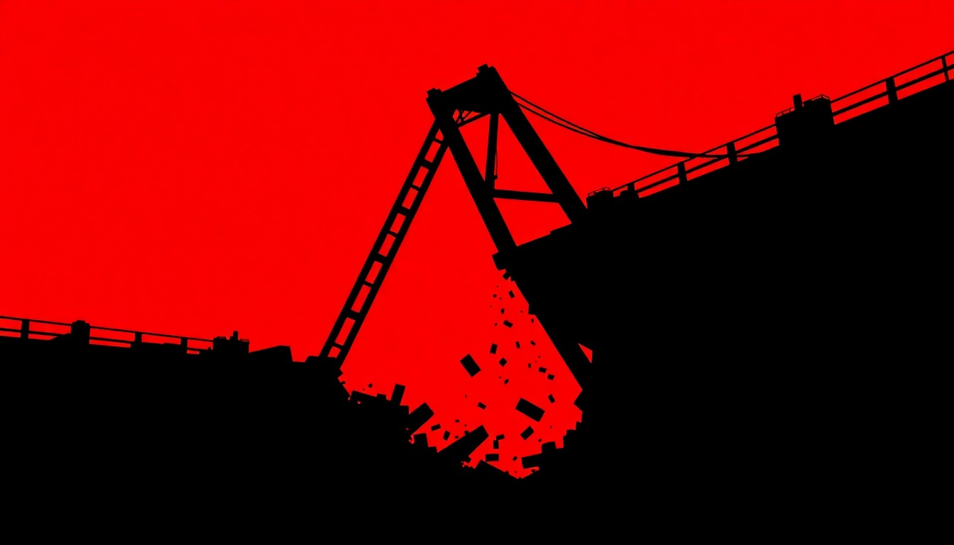 A dramatic, abstract illustration of a collapsing bridge structure, conveying the tension and danger of a major disaster event without depicting any specific people or locations.